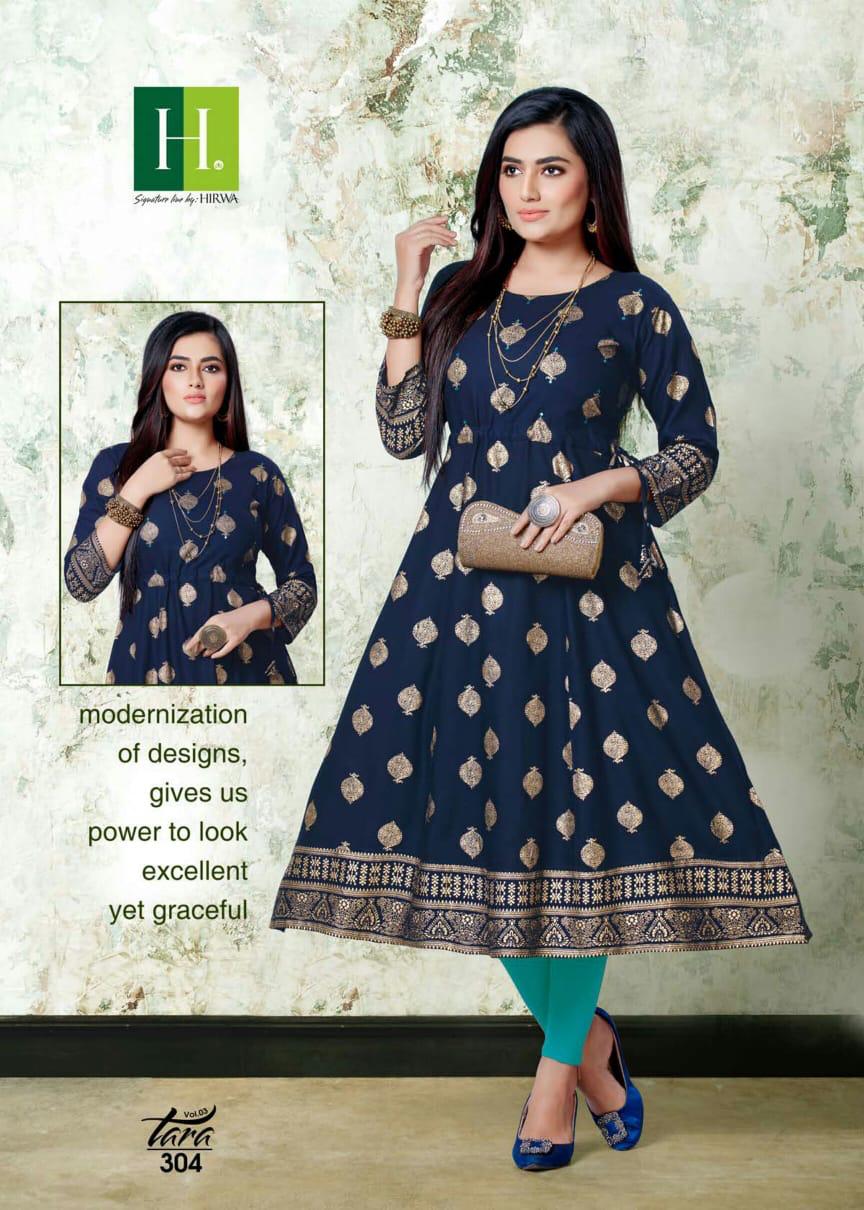 Hirwa Tara 3 Ethnic Wear Latest Fancy Rayon Gold prints with mirror work  Flair Designer  Kurti Collection